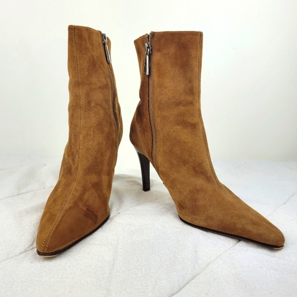 Valerie Stevens brown suede pointy toe booties stiletto heel side zipper boho 7 - Picture 1 of 14